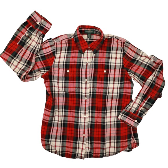 Laruen Ralph Lauren Jeans Co. Red Black Plaid Roll Tab Button Up Shirt size PM - Picture 1 of 7